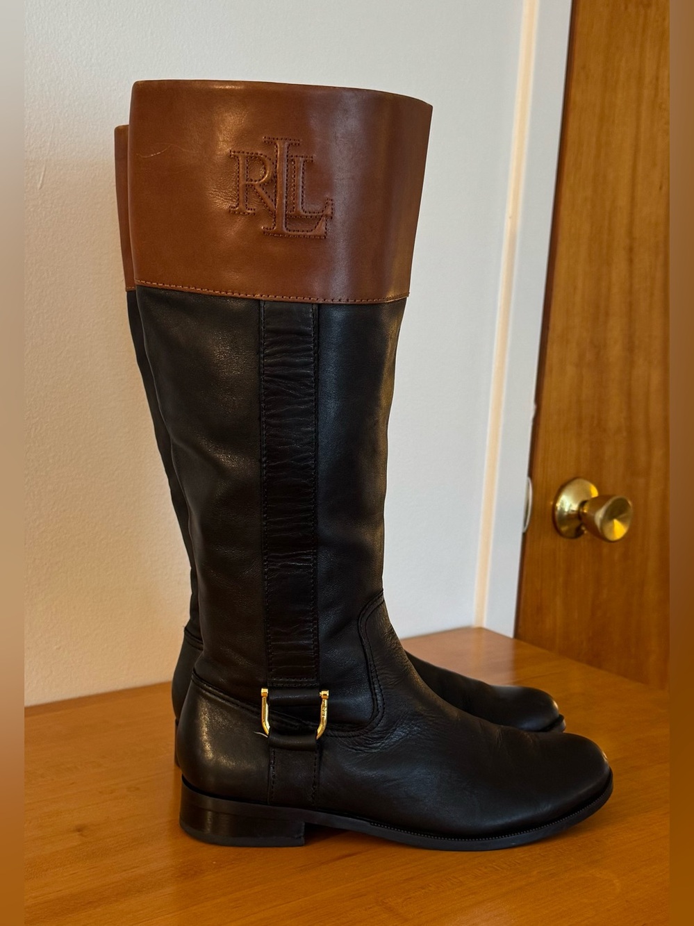 Ralph Lauren Bernadine Tall Riding Boots Black Brown Leather Gold Hardware 8.5B